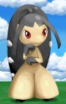  grass mawile no_humans outdoors pokemoa pokemon pokemon_(creature) red_eyes sky smile solo standing 