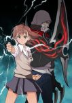  1boy 1girl akmt alex_mercer blade brown_eyes brown_hair claws clenched_hand coin crossover electricity holding hooded_jacket hoodie jacket misaka_mikoto neon_trim pants prototype_(game) school_uniform short_hair simple_background skirt sweater_vest to_aru_majutsu_no_index 