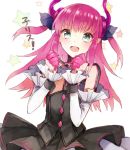  1girl :d aqua_eyes black_dress detached_sleeves dress fate/extra_ccc fate_(series) horns lancer_(fate/extra_ccc) long_hair nakamigawa open_mouth pink_hair pointy_ears smile solo two_side_up wrist_cuffs 