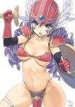  1girl armor bikini_armor blue_eyes breasts cleavage dragon_quest dragon_quest_iii drill_hair elbow_gloves gloves helmet large_breasts loincloth long_hair looking_at_viewer navel open_mouth purple_hair shield soldier_(dq3) solo spaulders sword weapon winged_helmet 
