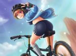  123hamster 1girl ass bicycle bike_shorts blue_sky breasts helmet midriff mountain_bicycle multicolored_hair my_little_pony my_little_pony_friendship_is_magic open_clothes open_jacket personification pink_eyes rainbow_dash rainbow_hair short_hair sky socks solo sports_bra v 