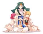  1girl 3boys aladdin_(magi) ali_baba_saluja barefoot blonde_hair blue_eyes blue_hair feet flute freckles grey_eyes injury instrument ja&#039;far keffiyeh magi_the_labyrinth_of_magic midriff morgiana multiple_boys navel pui red_eyes redhead short_hair simple_background turban white_background white_hair yellow_eyes 