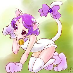  1girl :3 all_fours animal_ears cat_ears cat_tail dokidoki!_precure fang green_background kemonomimi_mode kenzaki_makoto leotard paw_pose paws precure purple_hair ruriruri short_hair smile solo tail tail_bow thigh-highs violet_eyes white_legwear 