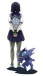  1girl black_hair dusk_ball facing_away hands hayashi_ekyuu misumi_tomoe pantyhose photokano poke_ball pokemon pokemon_(creature) sableye school_uniform skirt standing white_background 