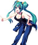  1girl :d artist_request blue_eyes breasts cleavage cui_yifei green_hair muvluv pants sketch sleeveless sleeveless_shirt tagme twintails 