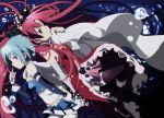  2girls back-to-back black_legwear blue_eyes blue_hair bubble cape cape_tug detached_sleeves dress hand_in_pocket holding_hands long_hair mahou_shoujo_madoka_magica mesushirindaa miki_sayaka multiple_girls red_dress red_eyes sakura_kyouko shirt short_hair skirt smelling thigh-highs very_long_hair white_legwear zettai_ryouiki 