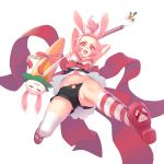  animal_ears bike_shorts bow carrot hair_bow high_ponytail highres kneehighs lucknight mallet midriff mismatched_legwear original pink_eyes pink_hair rabbit_ears ribbon sandals short_hair single_kneehigh single_thighhigh thigh-highs 