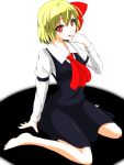 1girl :p arm_garter ascot barefoot blonde_hair blush bow collarbone darkness dress_shirt eyelashes finger_to_mouth hair_bow highres long_sleeves looking_at_viewer red_eyes rumia s-ghost shirt short_hair simple_background sitting skirt skirt_set solo tongue touhou vest wariza white_background white_shirt 