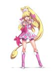  1girl :d aida_mana bike_shorts blonde_hair boots choker cure_heart curly_hair dokidoki!_precure half_updo heart highres knee_boots long_hair magical_girl open_mouth pink_eyes ponytail precure shorts_under_skirt simple_background skirt smile solo white_background 