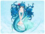  blue_eyes blue_hair breasts cleavage flower head_fins long_hair lowres mermaid monster_girl pose solo tail tattoo 