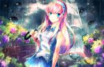  1girl bare_shoulders blue_eyes dress flower glitter hairband highres megurine_luka pink_hair rain sazanami_shione smile umbrella vocaloid 