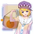 1girl alternate_costume bag blonde_hair blue_eyes bust collarbone commentary_request food food_themed_clothes fruit hair_ornament hairclip hat jewelry kagamine_rin lifting looking_at_viewer masao necklace open_mouth orange pendant puffy_sleeves short_hair smile solo vocaloid 