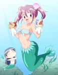  2girls :d breasts chibi fish_tail hand_puppet hii-chan large_breasts mermaid midriff monster_girl multiple_girls namiuchigiwa_no_muromi-san open_mouth pink_eyes pink_hair puppet scales seashell shell smile twintails 