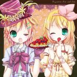  1boy 1girl blonde_hair character_name colored food fruit green_eyes highres kagamine_len kagamine_rin looking_at_viewer miku_rinren open_mouth short_hair strawberry vocaloid wink 