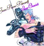  armor blue_hair earrings grey_hair iria59 jean_pierre_polnareff jewelry jojo_no_kimyou_na_bouken rapier silver_chariot stand_(jojo) sword weapon 