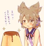 1girl brown_eyes brown_hair dress flapping food furorida open_mouth pudding short_hair simple_background sleeveless solo tagme tears touhou toyosatomimi_no_miko translation_request 