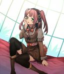  1girl blush bow erubo frills green_eyes long_sleeves open_mouth original puffy_sleeves redhead sitting solo twintails 