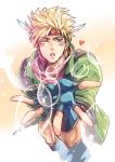  1boy blonde_hair blown_kiss blue_eyes bubble caesar_anthonio_zeppeli facial_mark feathers fingerless_gloves gloves green_jacket headband heart highres jacket jojo_no_kimyou_na_bouken linjie looking_at_viewer outstretched_hand scarf solo wink 