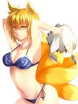  1girl amua animal_ears arms_up bikini blonde_hair blue_bikini breasts cleavage fox_ears fox_tail hat hat_removed headwear_removed highres large_breasts looking_at_viewer navel short_hair side-tie_bikini simple_background smile solo swimsuit tail touhou white_background yakumo_ran yellow_eyes 