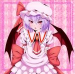  1girl :o arms_behind_back ascot bat_wings blouse border bow brooch diamond_(shape) fang hat hat_ribbon highres jewelry lavender_hair light_particles looking_at_viewer misumo mob_cap pink_background puffy_short_sleeves puffy_sleeves red_eyes remilia_scarlet ribbon short_hair short_sleeves skirt slit_pupils solo star striped striped_background touhou wings 