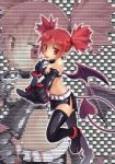  1girl :p bat_wings belt black_legwear checkered checkered_background choker demon_girl demon_tail disgaea earrings elbow_gloves etna gloves jewelry looking_at_viewer midriff pointy_ears red_eyes redhead short_hair solo tail thigh-highs tongue twintails wings y_kurozaki zoom_layer 