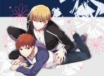  2boys barefoot blonde_hair brown_eyes brown_hair emiya_shirou fate/stay_night fate_(series) gilgamesh kuroemon multiple_boys raglan_sleeves red_eyes redhead yellow_eyes 