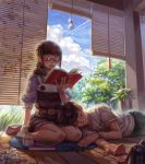  belt blinds book brown_eyes brown_hair camera clouds cup eating glasses glasses_removed lap_pillow lying mouth_hold mug on_side original overalls reading sitting sky socks teruterubouzu wariza watch yang_niangniang 