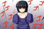  1girl :t anger_vein bare_shoulders black_hair flat_chest nishi_koutarou no_bra original oversized_clothes pout red_eyes ribbed_sweater scowl short_hair solo sweater 
