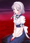  1girl blood blood_stain blue_eyes braid highres izayoi_sakuya maid maid_headdress rasukaru silver_hair solo touhou twin_braids 