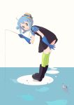  1girl :o ahoge bent_over blue_eyes blue_hair boots dress fish fishing fishing_rod gloves hat highres kokudou_juunigou open_mouth ripples short_hair solo striped striped_legwear thigh-highs water white_background 