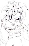 1girl absurdres breasts hat highres krace lineart looking_at_viewer monochrome nagae_iku smile solo touhou 