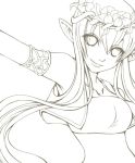 1girl head_wreath lineart long_hair looking_at_viewer monochrome pointy_ears smile solo very_long_hair 