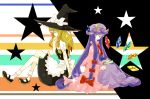  2girls alternate_eye_color apron black_shoes book crescent crystal dress full_body gr-project hat highres kirisame_marisa long_hair multiple_girls no_nose patchouli_knowledge purple_dress purple_hair side_glance sitting sparkle star striped striped_background touhou very_long_hair waist_apron witch_hat 