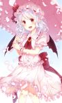  1girl 817nono ascot bat_wings blue_hair blush brooch dress fang highres jewelry looking_at_viewer open_mouth parasol petals pink_dress puffy_sleeves red_eyes remilia_scarlet sash short_hair smile solo touhou umbrella wings wrist_cuffs 