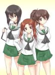  3girls brown_eyes brown_hair girls_und_panzer kadotani_anzu kawashima_momo koyama_yuzu kyoukya_(kyouya02) long_hair monocle multiple_girls ponytail school_uniform serafuku short_hair twintails 