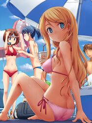  1boy 3girls arm_support ass bare_legs bare_shoulders beach beach_umbrella bikini blonde_hair blue_bikini blue_eyes blue_hair blue_sky breasts brown_hair butt_crack cleavage diving_mask flip-flops halterneck highres innertube long_hair multiple_girls navel o-ring_bottom parted_lips pink_bikini ponytail red_bikini sandals scan short_hair side-tie_bikini sideboob sitting sky smile snorkel strap_gap string_bikini swimsuit takayaki 