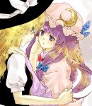  2girls alternate_eye_color blonde_hair blue_eyes couple crescent gr-project hair_ribbon hand_on_another&#039;s_face hat kirisame_marisa light_smile moon multiple_girls patchouli_knowledge puffy_short_sleeves puffy_sleeves purple_hair ribbon short_sleeves touching touhou tress_ribbon violet_eyes yuri 