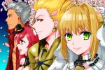  2boys 2girls ahoge archer auoyoi blonde_hair caster_(fate/extra) cherry_blossoms fate/extra fate/extra_ccc fate_(series) gilgamesh green_eyes multiple_boys multiple_girls petals saber_bride saber_extra tree 