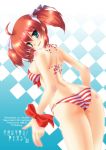  1girl bikini butt_crack daitoshokan_no_hitsujikai from_behind green_eyes kodachi_nagi looking_back redhead saano_chia striped striped_bikini striped_swimsuit swimsuit twintails 