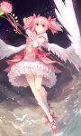  1girl angel_wings arm_behind_head bird bow bow_(weapon) bubble_skirt choker clouds dress flower gloves hair_bow highres jewelry kaname_madoka looking_at_viewer magical_girl mahou_shoujo_madoka_magica open_mouth pendant petals pink_dress pink_eyes pink_hair pink_rose puffy_sleeves red_shoes rose shoes short_sleeves sky smile solo star_(sky) sunnydelight twintails weapon white_gloves wings 