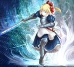  1girl :&lt; apron armor blonde_hair blue_background blue_eyes bow breastplate dress furim gauntlets gradient gradient_background greaves hair_bow head_tilt highres leg_up light_trail looking_at_viewer ponytail puffy_sleeves scabbard shanghai_doll sheath solo sword touhou unsheathed waist_apron weapon 