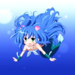  1girl bandeau blue_hair fish_tail flat_chest green_eyes izumi_konata long_hair lucky_star mermaid mizushima_(p201112) monster_girl namiuchigiwa_no_muromi-san parody seashell shell underwater 