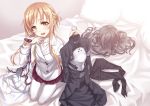  1girl :d asuna_(sao) bed kneeling long_hair looking_at_viewer matsuryuu open_mouth orange_eyes orange_hair pantyhose ribbed_sweater skirt smile solo sweater sword_art_online white_legwear wig yuuki_asuna 