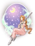  1girl aerith_gainsborough bare_shoulders bow brown_hair crescent_moon dress final_fantasy final_fantasy_vii green_eyes hair_bow highres long_hair moon pink_dress ponytail shoes skydirt smile solo staff star 