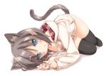  1girl :o animal_ears black_legwear blue_eyes blush brown_hair cat_ears cat_tail hair_ornament hairclip hentai_ouji_to_warawanai_neko lying naked_hoodie on_side peko rough short_hair simple_background solo tail thigh-highs tsutsukakushi_tsukiko white_background 