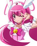  1girl bow choker cure_happy hair_ornament head_wings hoshizora_miyuki long_hair looking_at_viewer magical_girl nanashishi pink_eyes pink_hair precure simple_background smile smile_precure! solo tiara twintails v white_background 