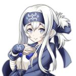  1girl ainu_clothes blue_eyes breasts chains hair_between_eyes headphones kamoi_(kantai_collection) kantai_collection large_breasts long_hair long_sleeves simple_background smile solo thick_eyebrows tk8d32 white_background white_hair 