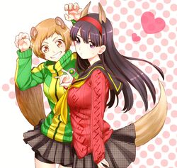  amagi_yukiko animal_ears bike_shorts black_hair brown_eyes brown_hair persona persona_4 satonaka_chie skirt skllp sweater tail violet_eyes 