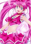  1girl axis blue_eyes brooch choker cure_melody earrings frilled_skirt hair_ribbon heart houjou_hibiki jewelry long_hair looking_at_viewer magical_girl midriff musical_note navel open_mouth pink_hair precure ribbon skirt solo suite_precure twintails 