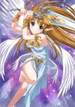  1girl angel_wings armlet barefoot brooch brown_hair chaki-yam character_request dress green_eyes jewelry long_hair pointy_ears purple_background romancing_saga saga smile solo sword weapon white_dress wings 